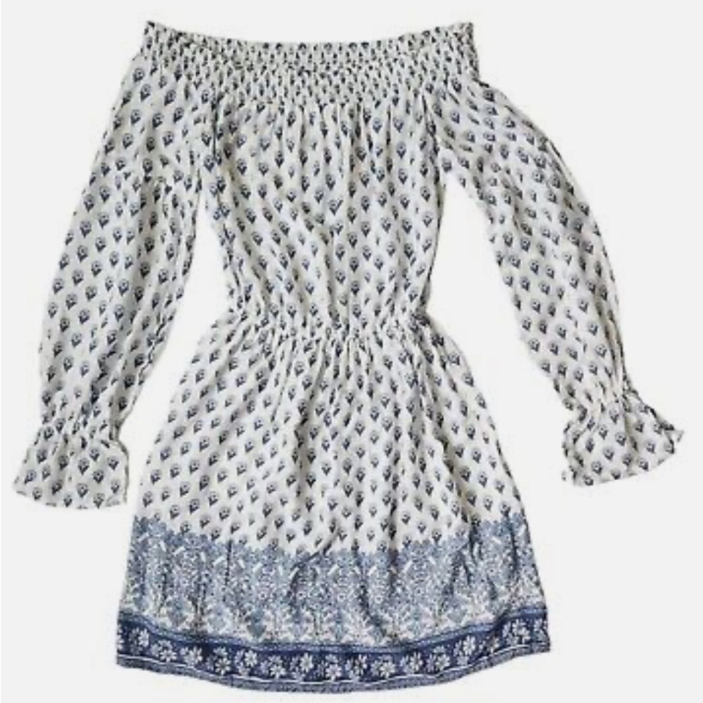 Off The Shoulder Floral White/Blue Print Dress Size S